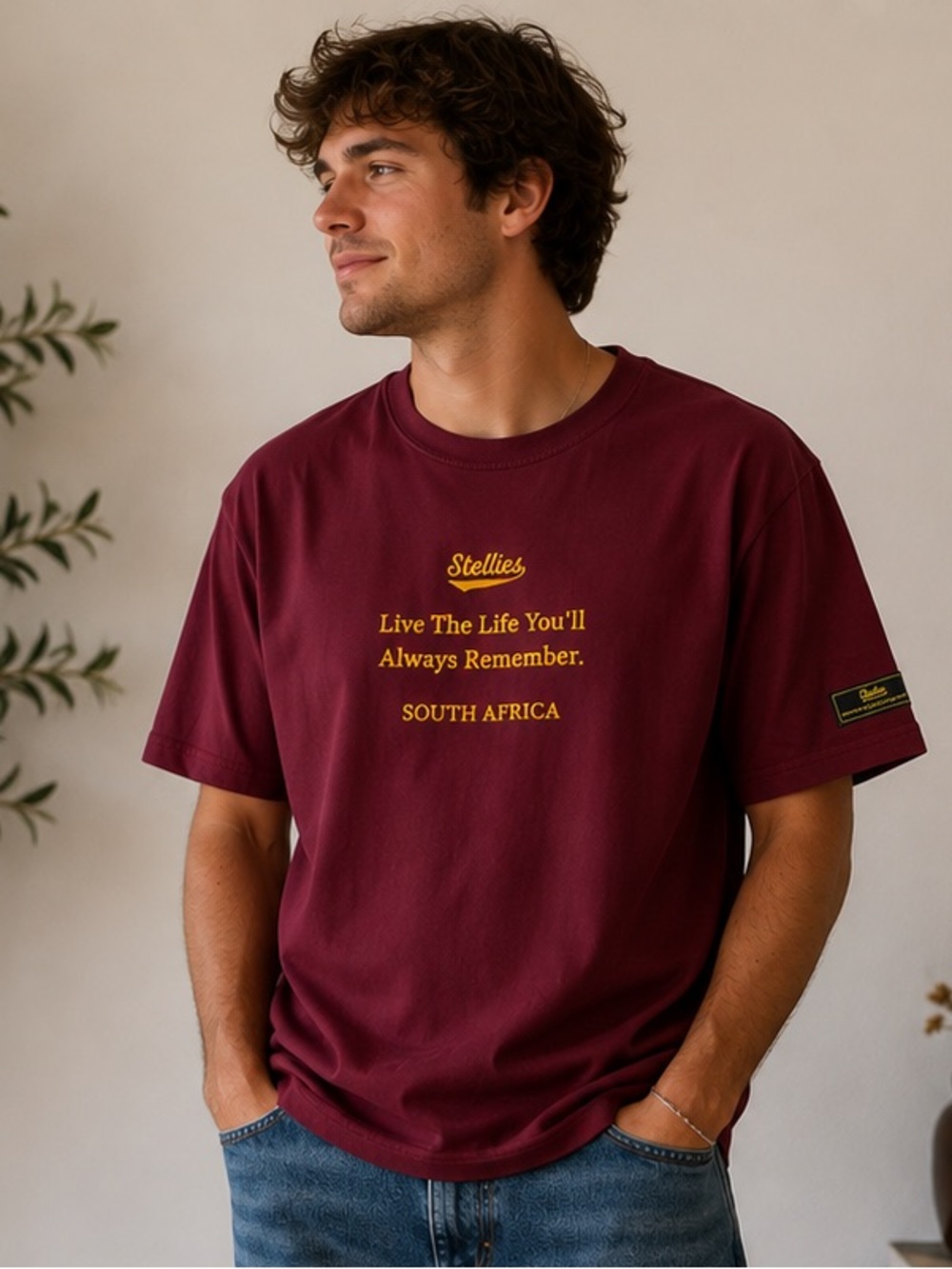 Stellies South Africa T Shirt Large Burgundy Gold Embroidered Local Fabrics